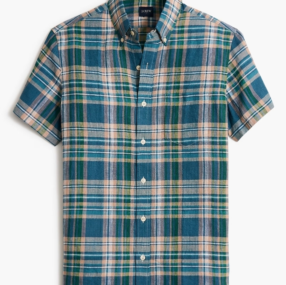 Plaid short-sleeve slim linen-blend shirt Men Small